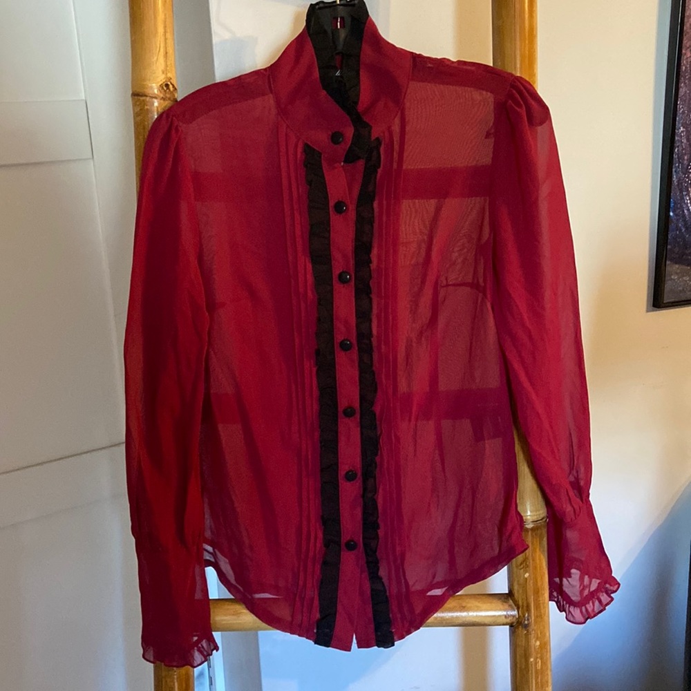Women's Red Sheer Ruffled Button-Down Shirt